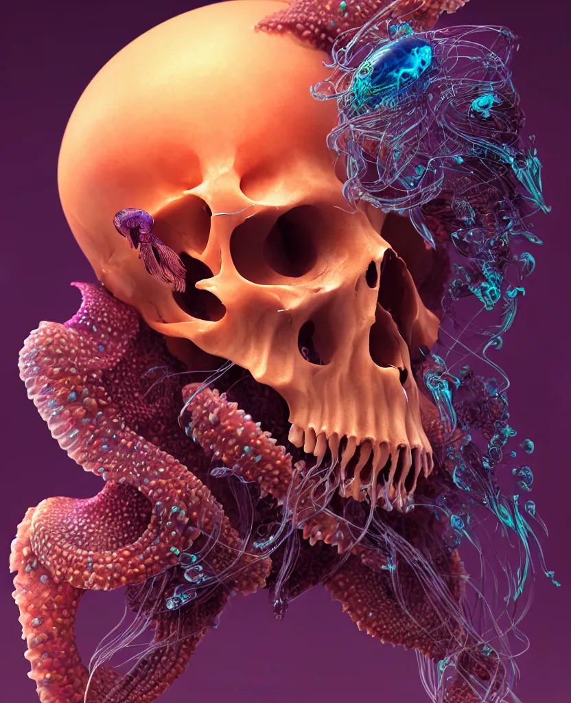 Image similar to goddess close-up portrait animal skull. jellyfish phoenix head, nautilus, orchid, skull, betta fish, bioluminiscent creatures, intricate artwork by Tooth Wu and wlop and beeple. octane render, trending on artstation, greg rutkowski very coherent symmetrical artwork. cinematic, hyper realism, high detail, octane render, 8k