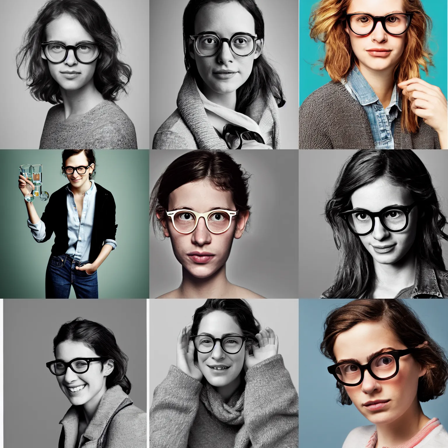 Prompt: Photo of Chloe Fineman wearing Warby Parker glasses, soft studio lighting, photo taken by Martin Schoeller for Abercrombie and Fitch, award-winning photo, 24mm f/1.4