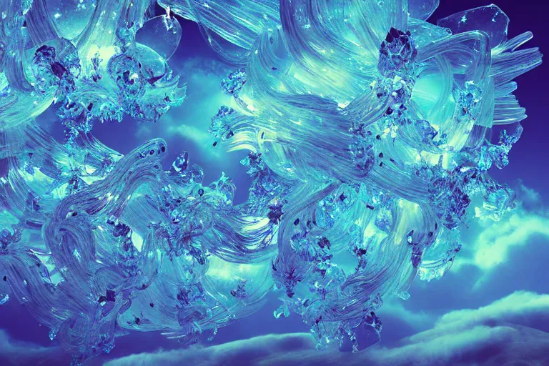 Image similar to simplicity, a flock of many ornate bioluminescent puffy filigreed clouds tangled into large whirling ultra detailed clumps of crystal specimens, abstract environment, playful, award winning art, epic dreamlike fantasy landscape, ultra realistic,