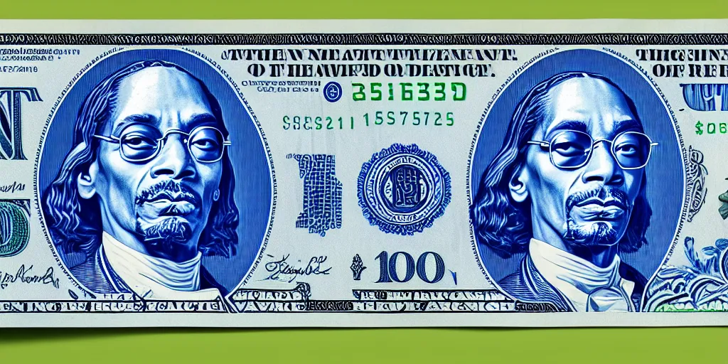 Prompt: currency design like a dollar bill, blue, with the design of Snoop Dogg with a cigar and glasses printed on currency paper, currency symbols printed, highly detailed, realistic, octane render, uplight