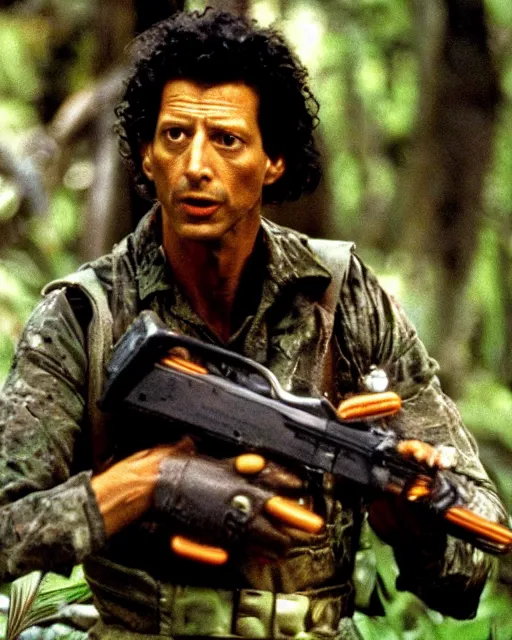 Prompt: Jeff Goldblum as Major Dutch in Predator (1987), movie still