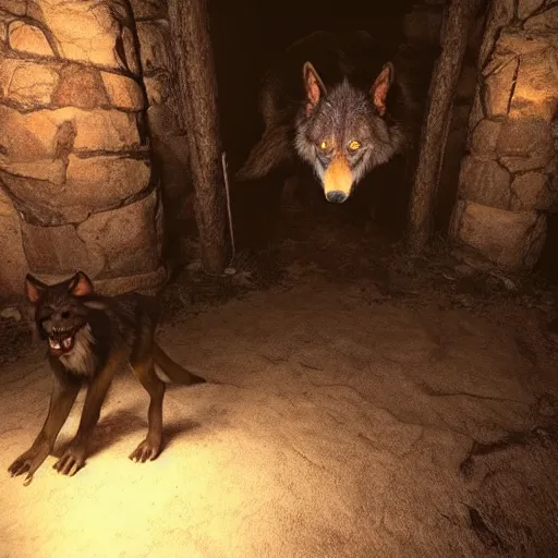 Image similar to hyper realistic werewolf hidden in the dark. higly detailed. deep dark cabin in the woods. unreal engine 5