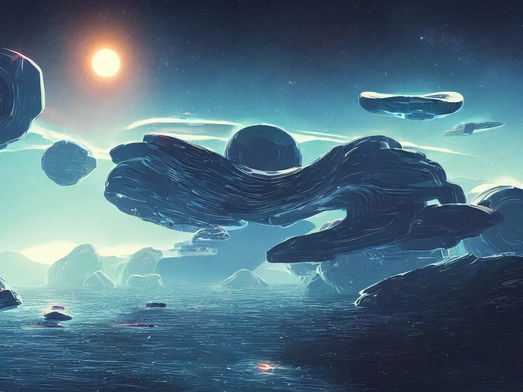 Prompt: minimalist floating asteroid mining colony by alena aenami, petros afshar interstellar