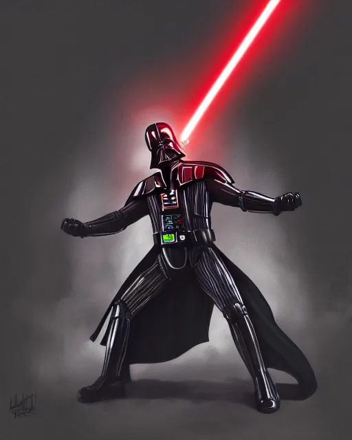 Image similar to darth vader wearing an iron man suit and firing repulsor energy shots from his hands, low camera angle, dramatic lighting, yusuke murata anime, colored, highly detailed