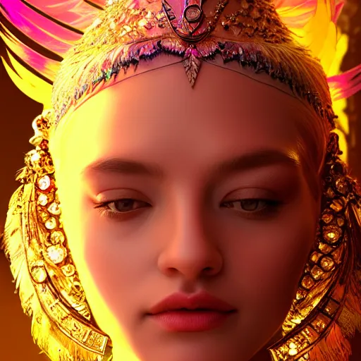 Image similar to portrait highly detailed beautiful symmetrical face high priestess water nymph intricate elegant detailed crystal jewellery with tribal feathers, lush colourful volumetric lighting, digital painting, concept art, smooth, sharp focus 3 d, divine realm of gods, realistic cinematic style, octane render, photographic, unreal engine 8 k