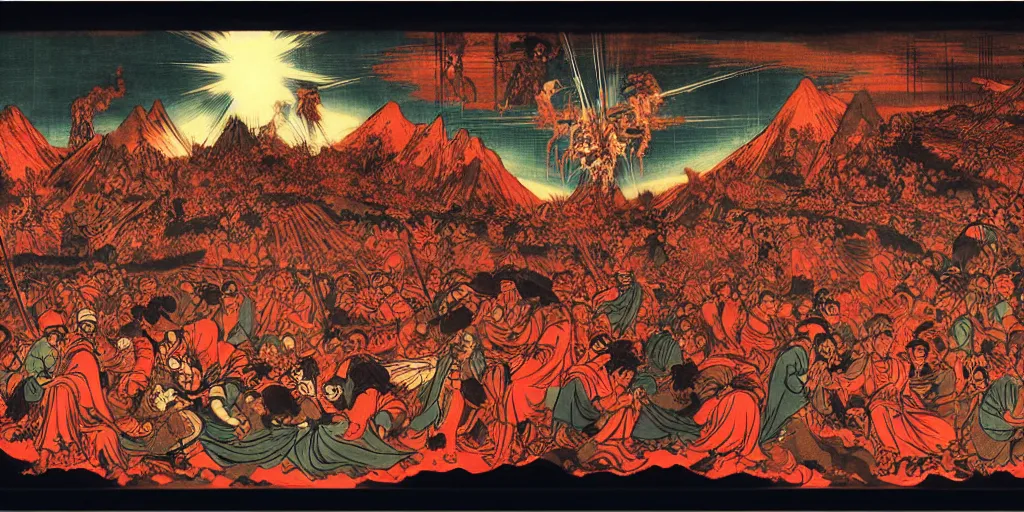 Image similar to Dante's Inferno, by Utagawa Kuniyoshi, dramatic lighting, high contrast colors, panoramic view, as trending on Artstation,