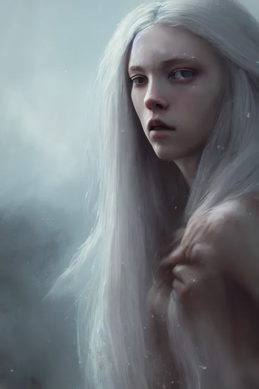 Image similar to a fancy portrait of a beautiful young teenage ripped girl with long white hair by greg rutkowski, sung choi, mitchell mohrhauser, maciej kuciara, johnson ting, maxim verehin, peter konig, bloodborne, 8 k photorealistic, cinematic lighting, hd, high details, dramatic, dark atmosphere, trending on artstation