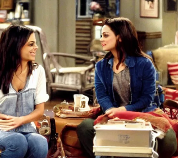 Image similar to a movie still of mila kunis in the tv show friends speaking with joey