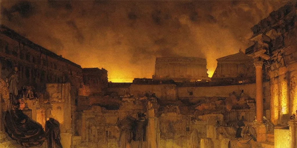 Prompt: ancient rome on fire at night by lawrence alma - tadema,