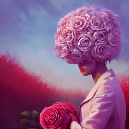 Image similar to closeup, huge rose flower as a head, frontal, a girl in a suit, surreal photography, sunrise, dramatic light, impressionist painting, digital painting, artstation, simon stalenhag