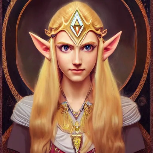 Image similar to portrait of princess zelda from hyrule, nose ring, upper body, blonde hair, long hair, joyful smirk, intricate, elegant, highly detailed, digital painting, artstation, concept art, matte, sharp focus, illustration, art by artgerm and greg rutkowski and alphonse mucha