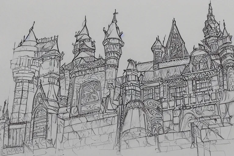 Image similar to single line sketch of elaborate intricate castle, scribble sketch, small details,