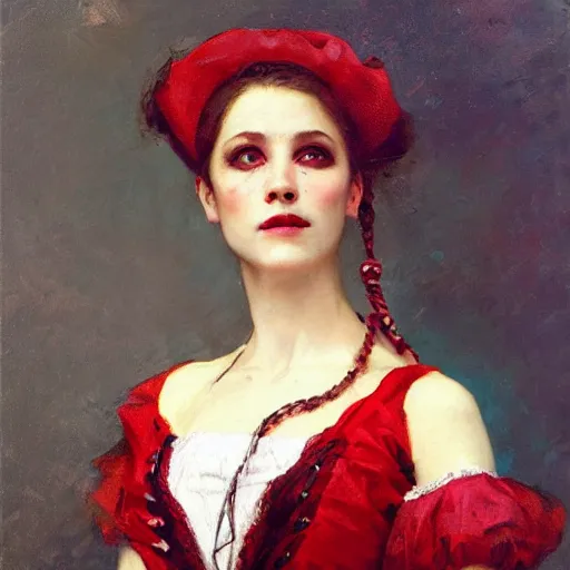 Image similar to Solomon Joseph Solomon and Richard Schmid and Jeremy Lipking victorian genre painting portrait painting of a happy young beautiful woman traditional german french actress model pirate wench in fantasy costume, red background