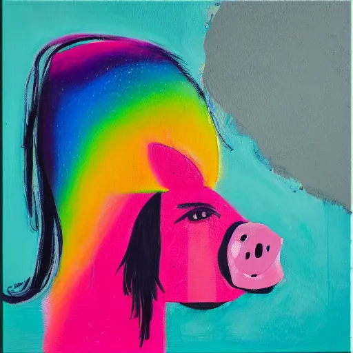 Prompt: “queer woman with long pink hair admiring a grassy pig, acrylic and spray paint and oilstick on canvas, neoexpressionism”