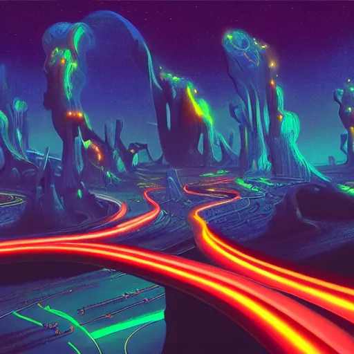 Prompt: An 8k resolution matte painting of a glowing supersonic highway made of neon light that leads to a cosmic moorish castle at the end of the universe in futuristic heaven by tyler edlin and michael whelan. synthwave. sunset