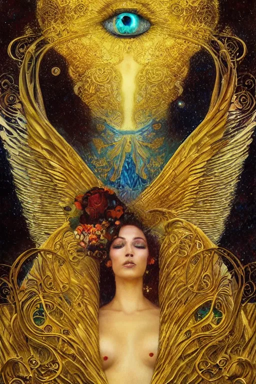 Prompt: Visions of Paradise by Karol Bak, Jean Deville, Gustav Klimt, and Vincent Van Gogh, visionary, otherworldly, celestial fractal structures, infinite angel wings, ornate gilded medieval icon, third eye, spirals, heavenly spiraling clouds with godrays, airy colors