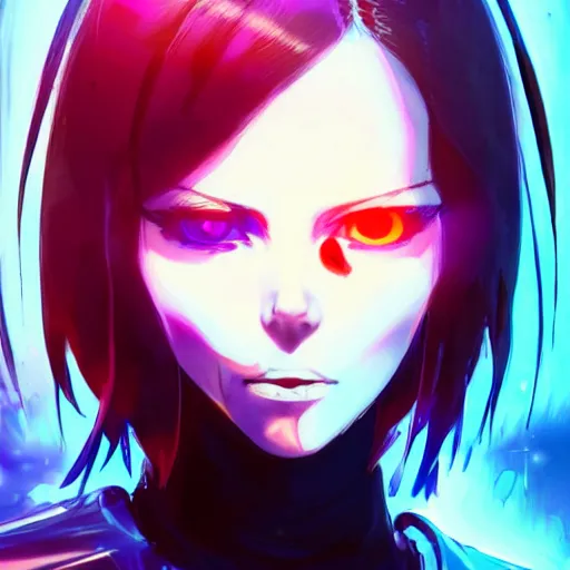 Image similar to digital cyberpunk anime character concept art gorgeous small female android cyborg - angel glowing red left eye and glowing blue right eye large angelic wings, wlop, rossdraws, sakimimichan, ilya kuvshinov, krenz cushart, greg rutkowski.