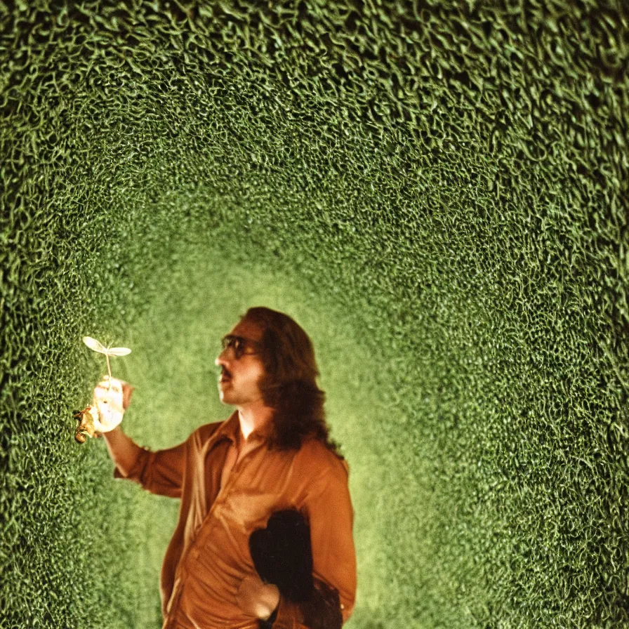 Image similar to 7 0 s movie still of a man with a chest full of moth in a green tunnel, cinestill 8 0 0 t 3 5 mm eastmancolor, heavy grain, high quality, high detail