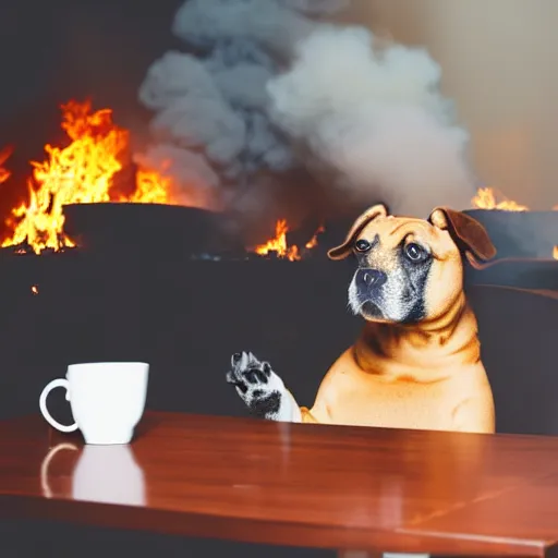 Image similar to a photograph of an humanlike relaxed dog in his house, sitting at a table, ☕ on the table, surrounded by flames, room is on fire, smoke under the ceiling