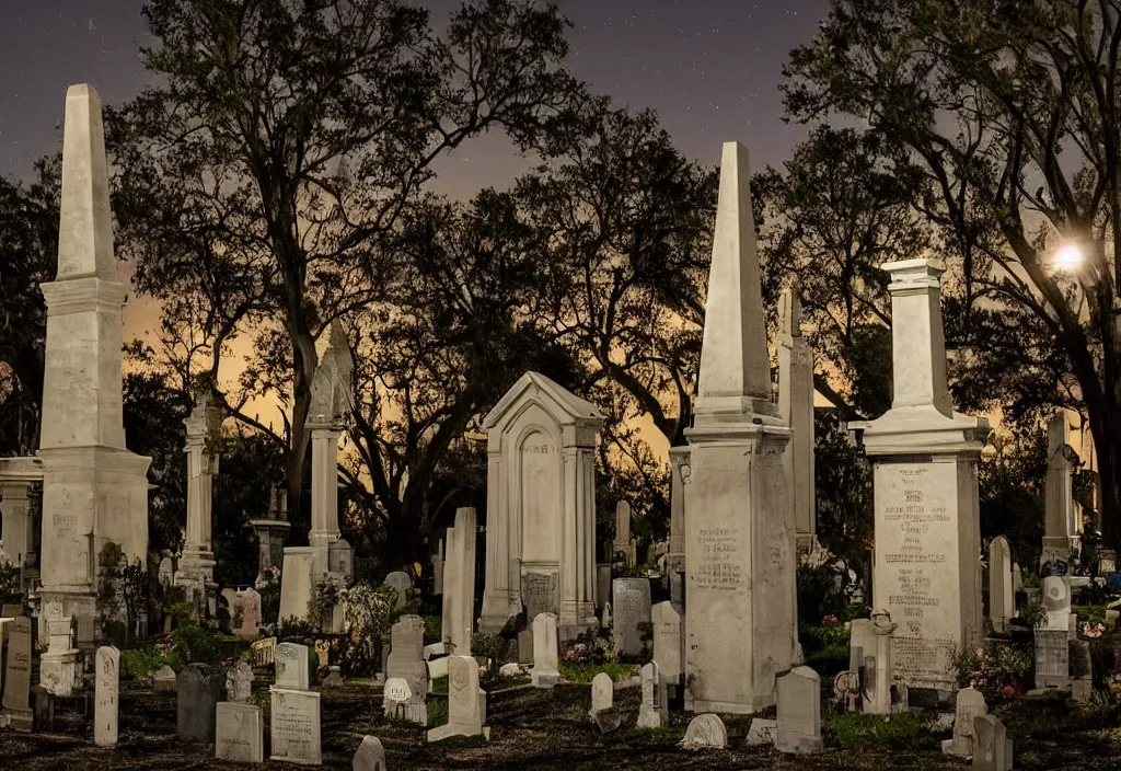 Prompt: a moonlit night at the st. louis cementer in new orleans, louisiana, highly detailed, photographic quality