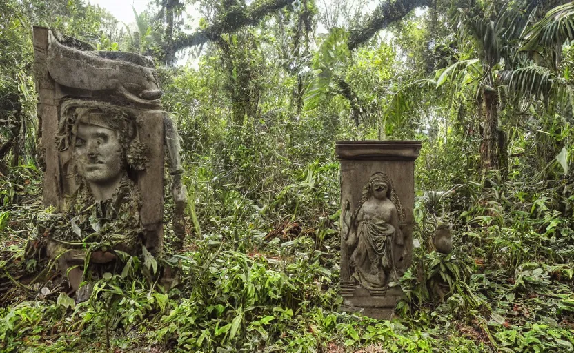 Image similar to ancient jungle altar with giant statue of SpongeBob, abandoned, overgrown, atmospheric, cgisociety