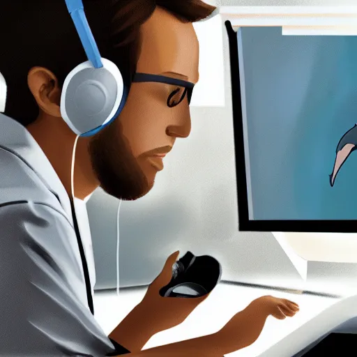 Image similar to An anthropomorphic grey dolphin in a white lab-coat playing games on a computer, digital painting, close-up, wearing a headset