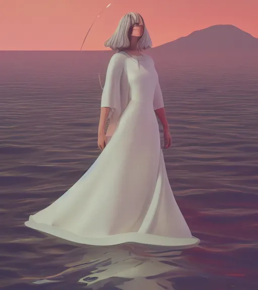 Image similar to a woman in a white dress standing in the water, an album cover by mike winkelmann, behance contest winner, cubo - futurism, synthwave, outrun, chillwave, trending on artstation