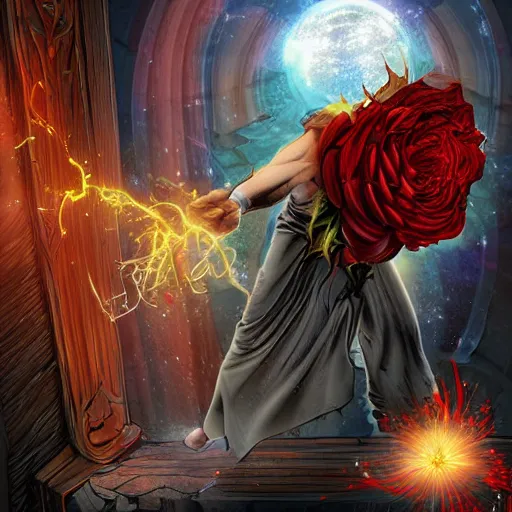 Image similar to The celestial warlock (a beautiful half elf with long red hair) clumsily knocks a single red rose from the top of a funerary urn, releasing an angry wraith from inside. The urn is on the floor, the rose is falling. Dramatic digital art illustration in comic book style by Simon Bisley