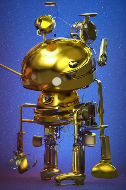 Prompt: portrait photo of a giant golden and blue metal steampunk kitchen robot cook chef with pots and pans and tubes, wearing a big chef hat, eyes are green lights, shiny crisp finish, 3 d render, 8 k, insaneley detailed, fluorescent colors, background is multicolored lasershow