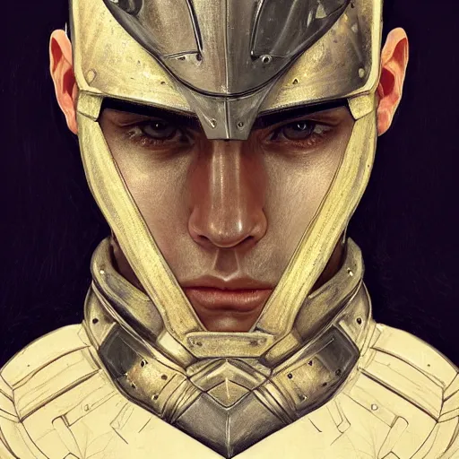 Prompt: a portrait of an attractive young man, clothed in battle armor, olive skin, long dark hair, beautiful bone structure, symmetrical facial features, intricate, elegant, highly detailed, digital painting, trending on Artstation, concept art, smooth, sharp focus, illustration, in the style of artgerm and greg rutkowski and alphonse mucha