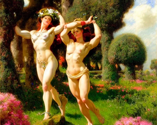 Image similar to muscular athena and muscular goddess frolic in a meadow of beautiful flowers, large topiary and marble pillars in the background, painting by gaston bussiere, craig mullins, j. c. leyendecker, tom of finland