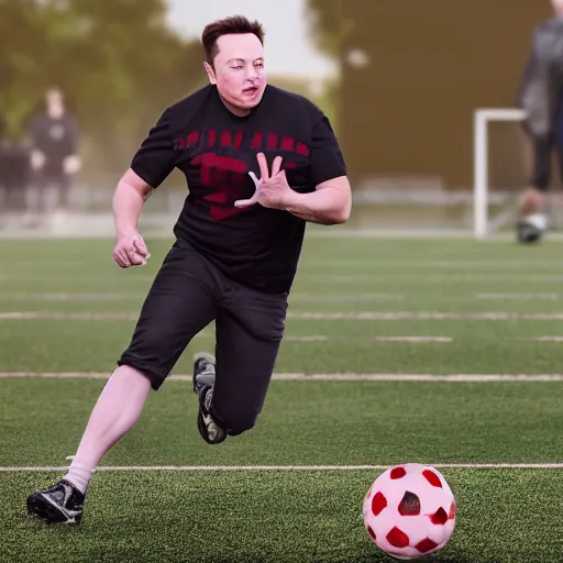 Image similar to elon musk playing football, photography, realistic, 8 k, award winning photography