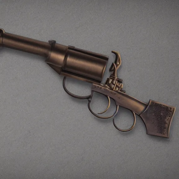 Prompt: a 4 k photorealistic photo medium shot of a bronze statue of a revolver gun.