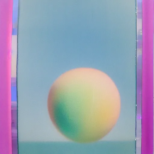 Image similar to a pastel colour high fidelity Polaroid art photo from a holiday album at a seaside with abstract inflatable parachute furniture ((and spheres)), all objects made of transparent iridescent Perspex and metallic silver, no people, iridescence, nostalgic