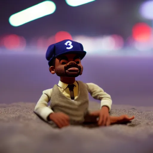 Image similar to a cinematic film still of a claymation stop motion film starring chance the rapper as a college student, shallow depth of field, 8 0 mm, f 1. 8