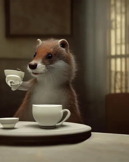 Image similar to a very high resolution image from a new movie, a weasel wearing a suit drinks tea in a shabby chinese room, surrounded by water vapor and dim light summer unreal engine 5, hyper realism, realistic shading, cinematic composition, blender render, octane render, hdr, detailed textures, photorealistic, wide shot