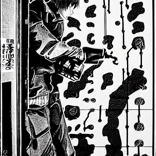 Image similar to close-up scene neighbor holding a drill and drilling holes in a room, all wall is drilled with holes, manga, professional manga artwork, very detailed, black and white manga horror in style of junji ito, kentaro miura, Tsutomu Nihei