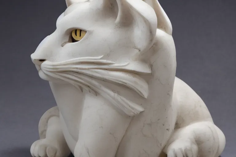 Prompt: a cinematic view of a ornated cat statue made with marble using oni wooden mask