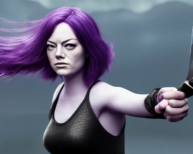 Image similar to purple-haired Emma Stone, epic knife battle pose, cinematic, 4k, hyper realistic, super detailed