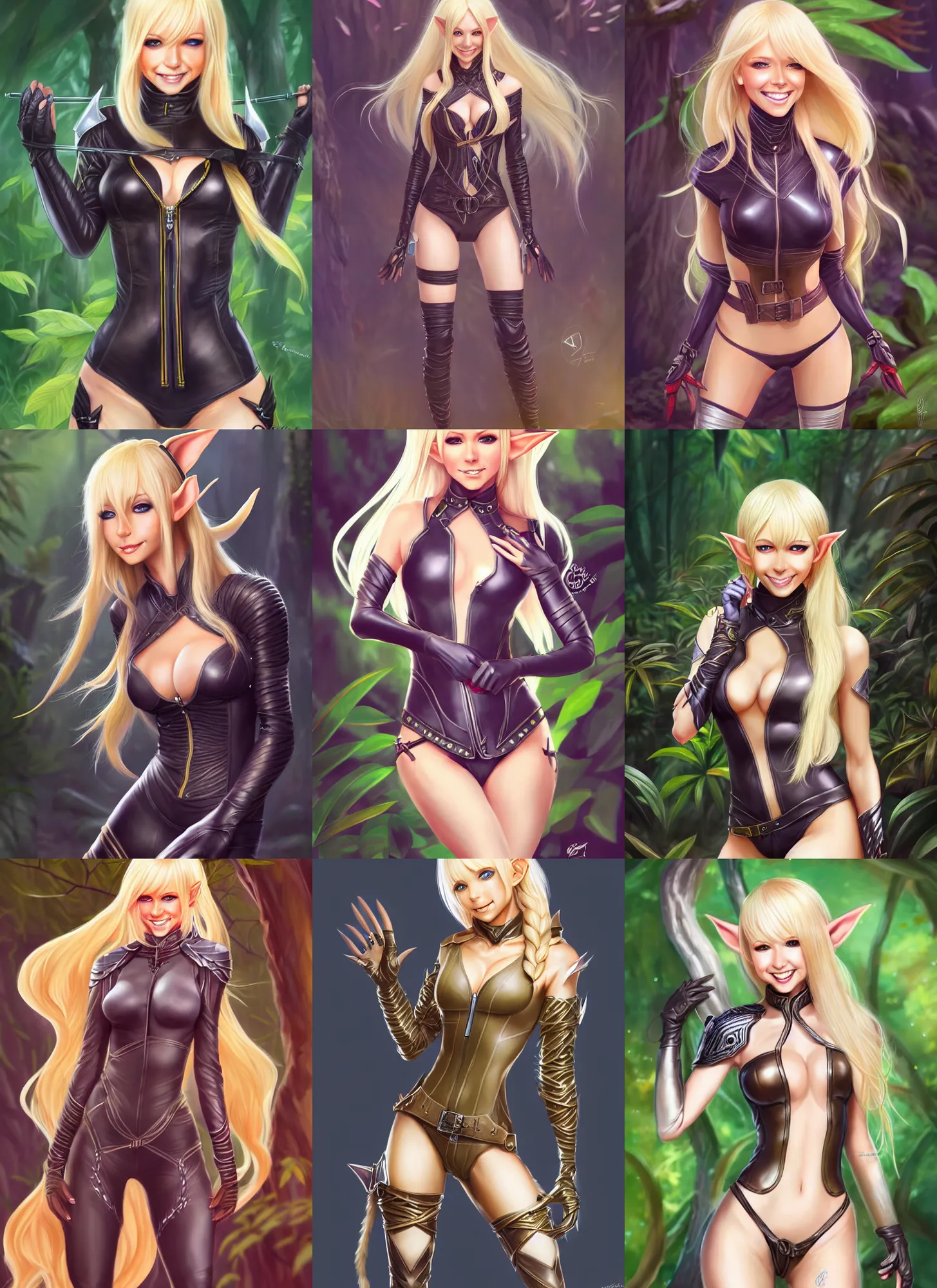 Prompt: full body portrait of blonde elf, female, in a jungle, full body skintight leather suit, open zipper, long ponytail, smile, high fantasy, dnd, face details, extremely detailed, smooth, sharp focus, digital illustration, by artgem, rossdraws, sakimichan