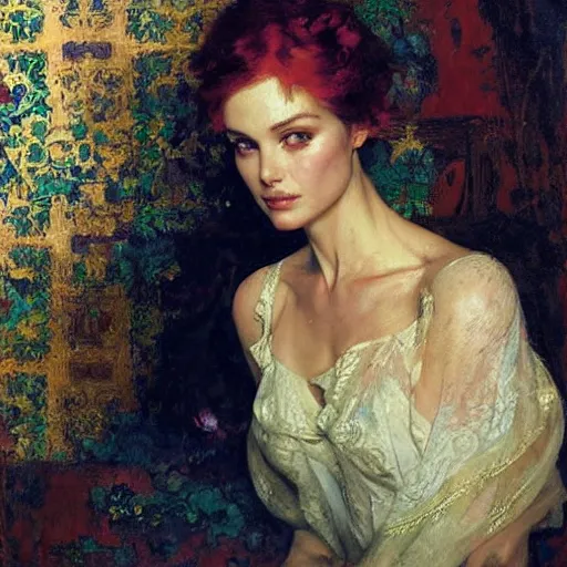 Image similar to portrait of a beautiful woman, intricate, elegant, highly detailed, by ruan jia, gil elvgren, greg manchess, mucha