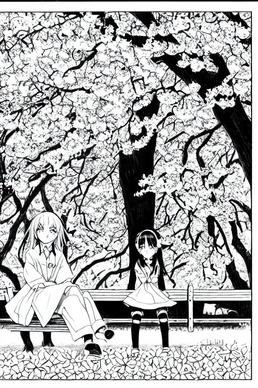 Image similar to black and white manga page, highly detailed pen, shoujo romance, two girls, first girl with long dark hair, second girl with short light hair, sailor uniform, sitting on bench, cherry blossom tree in background with petals floating, drawn by Atsushi Ohkubo