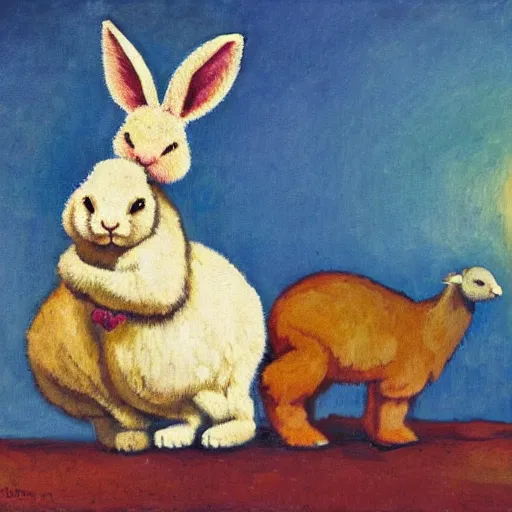 Prompt: a rabbit and an alpaca in love in the style of gifford beal