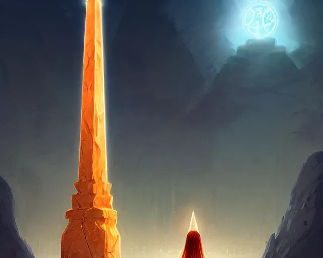 Prompt: priestess of light standing a glowing obelisk etched with burning inscriptions, fantasy art by marc simonetti, artgerm, artstation, celestial mountain grove, moonlight, sylvain sarrailh