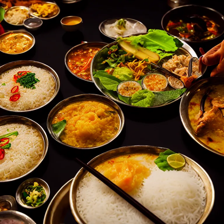 Prompt: close - up focused dslr photograph of a myanmar dinner, 8 k, high detail, volumetric lighting, hyperrealism, aesthetically pleasing, studio lighting, trending