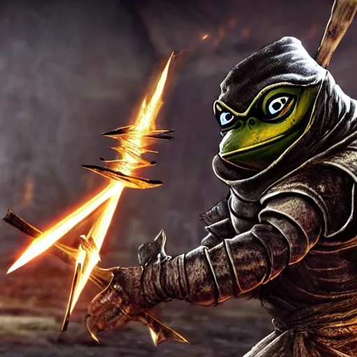 Image similar to Gavlan from Dark Souls 2 duelling Pepe the frog in melee combat