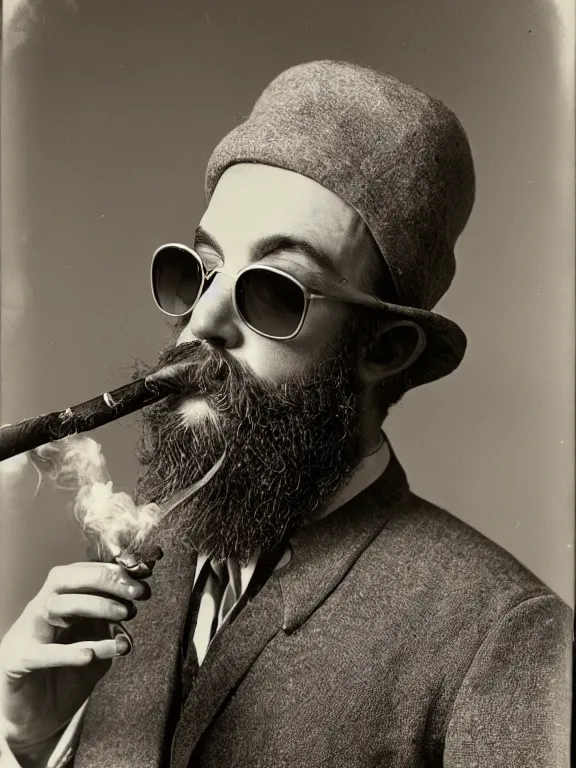 Prompt: a vintage photo medium shot of a man with a bushy beard smoking a pipe wearing a grey hat and sunglasses.