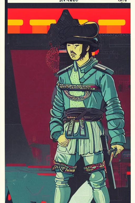 Prompt: 1 9 7 9 omni magazine cover of hiroyuki sanada in a samurai hat. simple stylized cyberpunk photo by josan gonzalez.