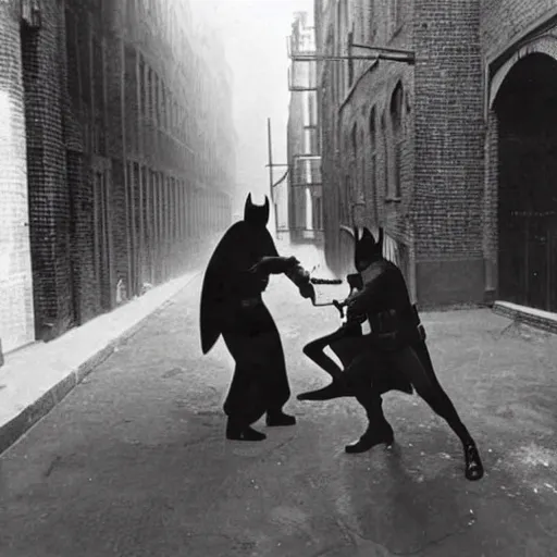 Prompt: old black and white photo, 1 9 2 5, depicting batman fighting a gangster in an alley of new york city, tommy gun, rule of thirds, historical record