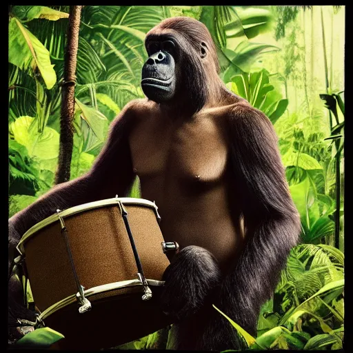 Prompt: UHD candid photo of King Kong playing drums in the jungle, with accurate face, UHD, photorealistic, correct face, real drum set, photo by Annie Leibowitz